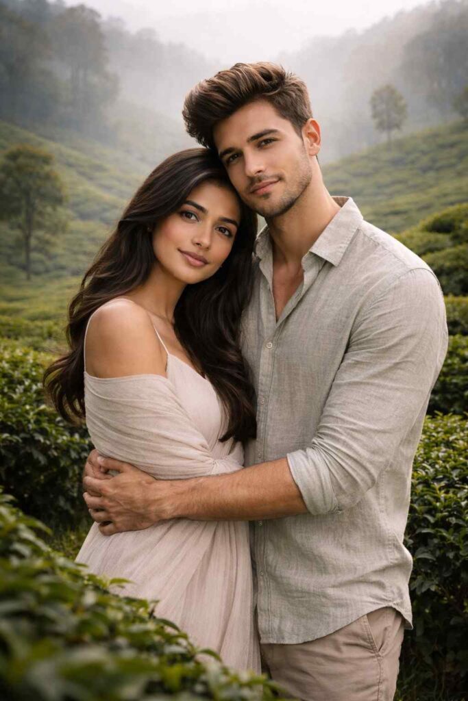 chatgpt couple photo prompt Munnar Tea Garden