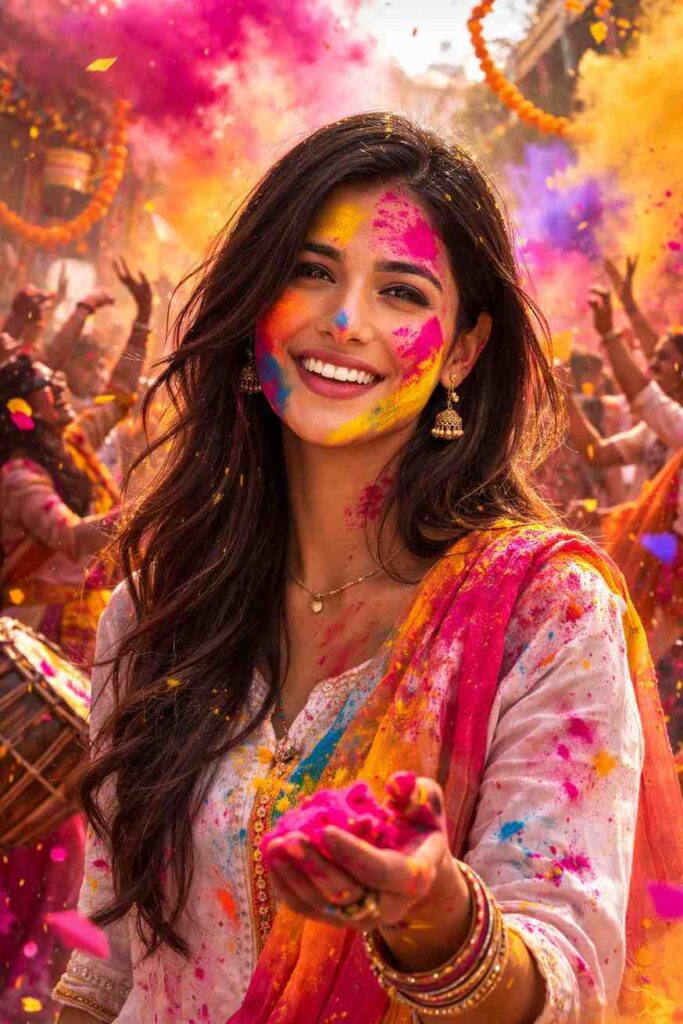 Holi AI Photo Editing Prompt  For Girl